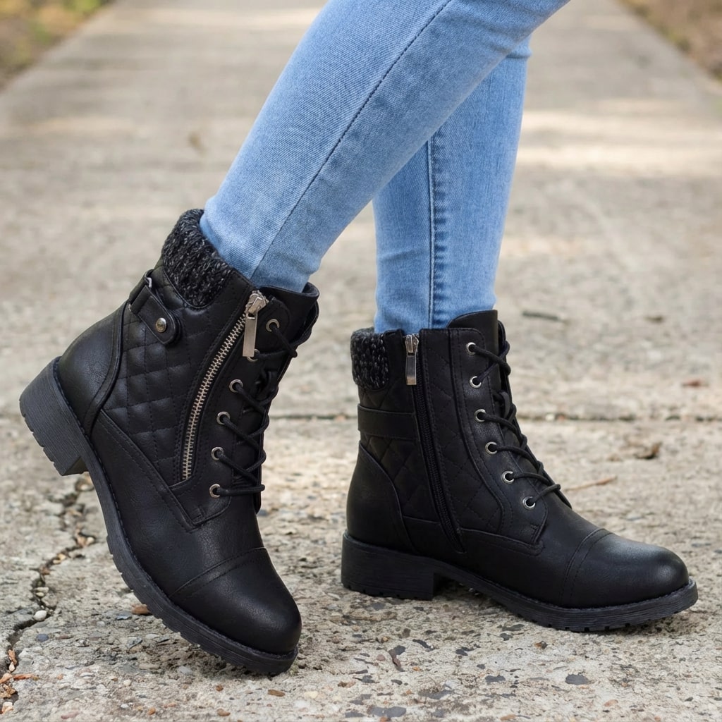 Women's Leather Ankle Boots - Block Heel, Side Zip