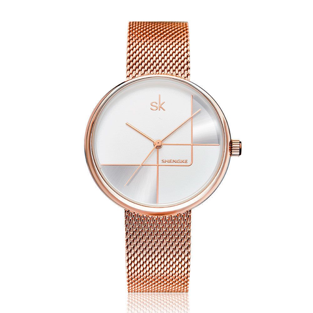 Women's Geometric Quartz Watch with Mesh Strap