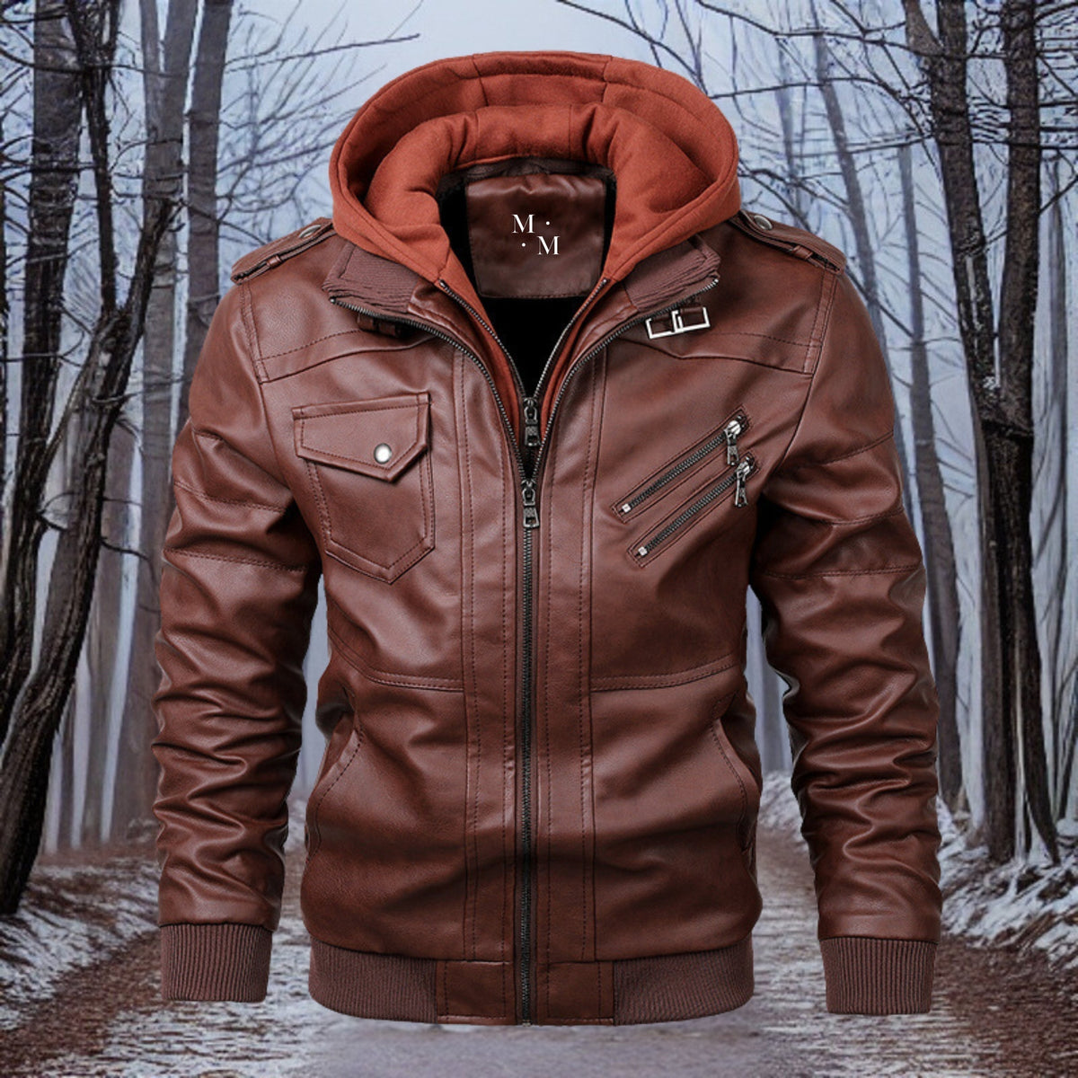 Men's warm hooded leather jacket