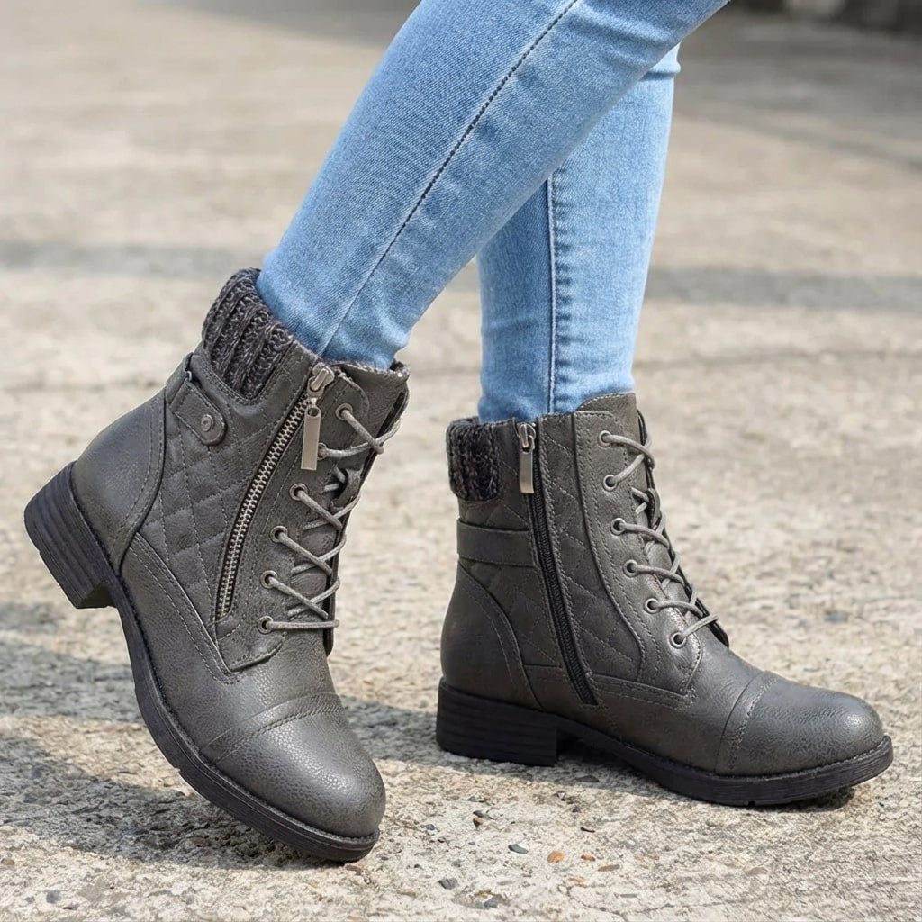 Women's Leather Ankle Boots - Block Heel, Side Zip