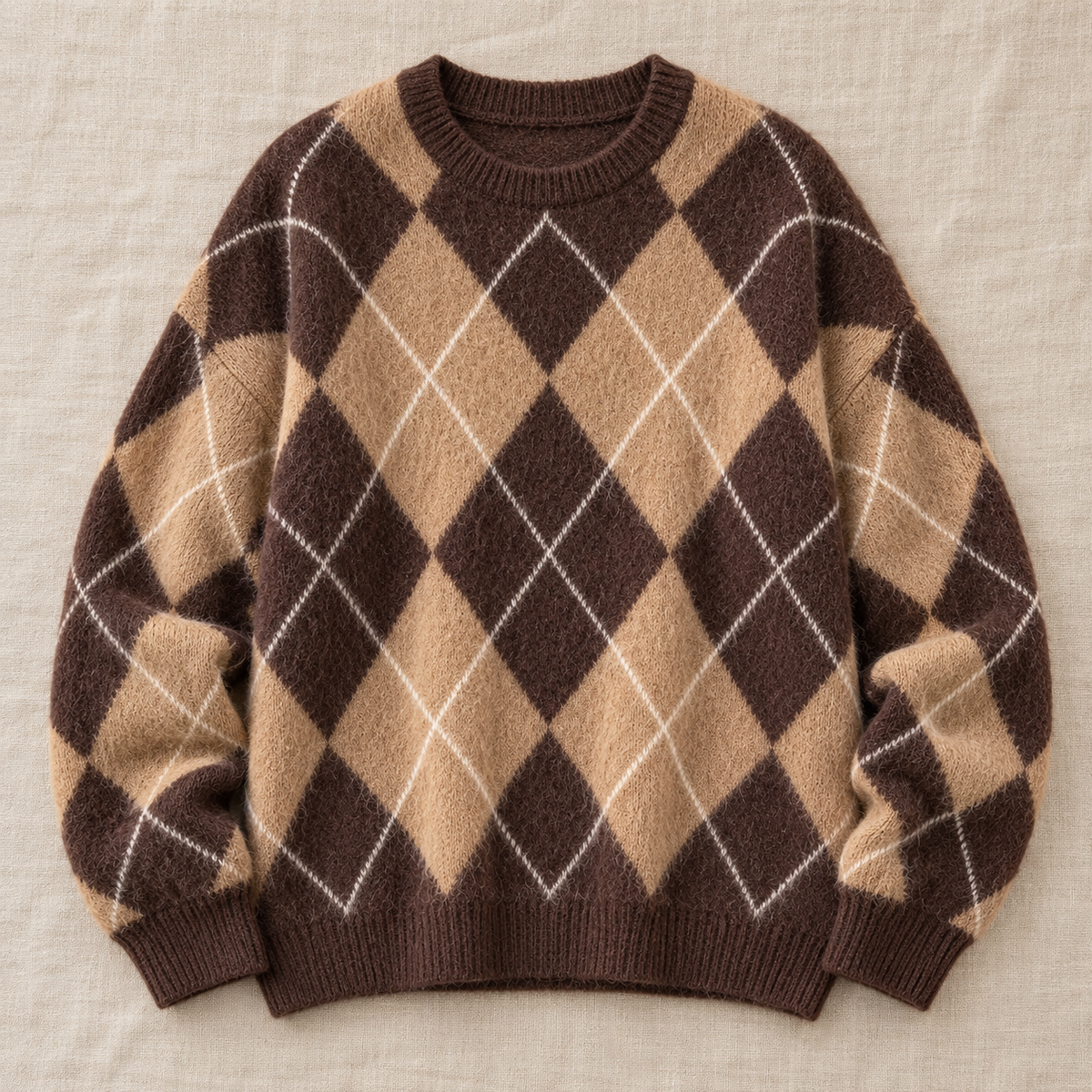 Women's Argyle Knit Sweater - Classic Crew Neck Pullover
