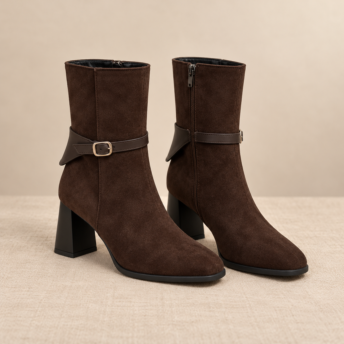Botines Mujer de Ante Sintético con Hebilla y Tacón