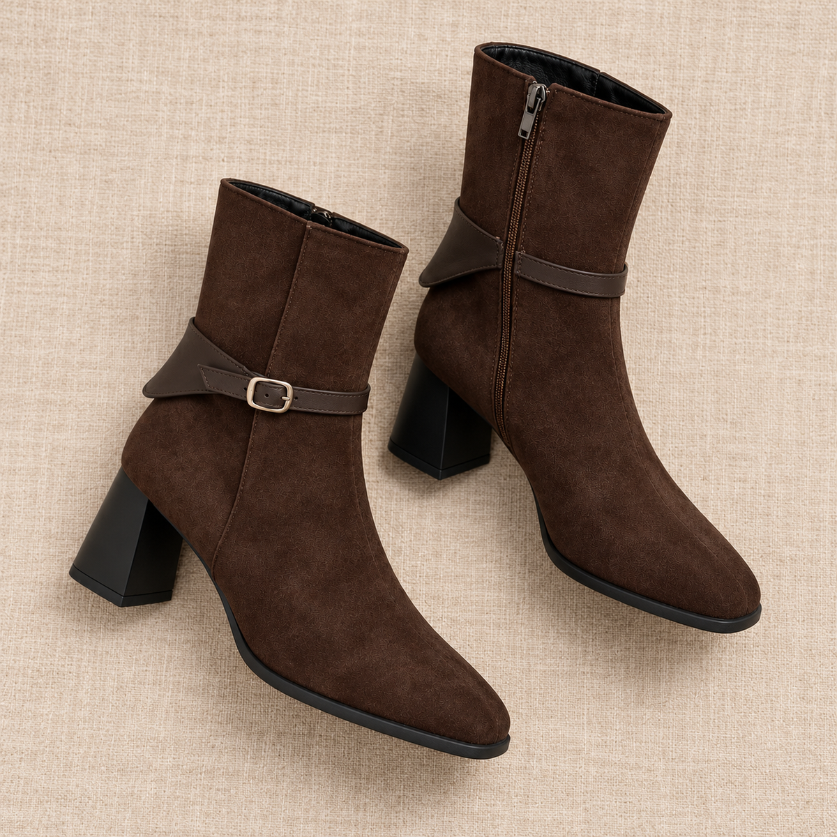 Botines Mujer de Ante Sintético con Hebilla y Tacón