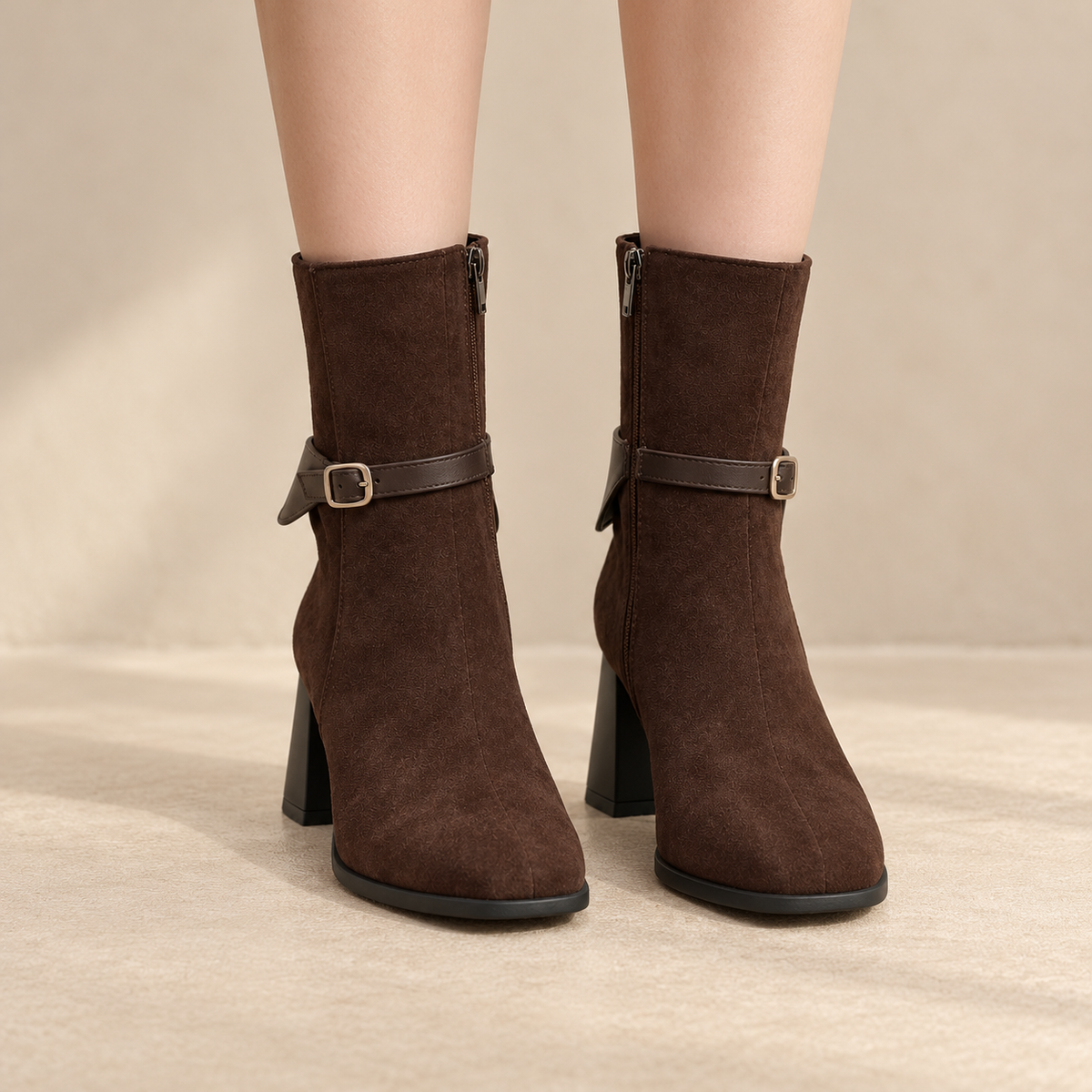 Botines Mujer de Ante Sintético con Hebilla y Tacón