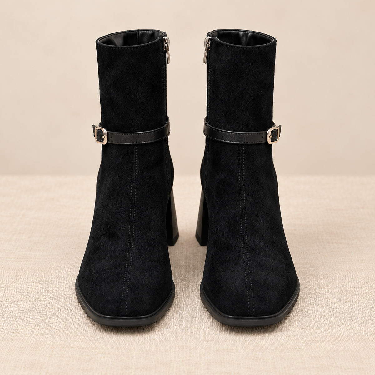 Botines Mujer de Ante Sintético con Hebilla y Tacón