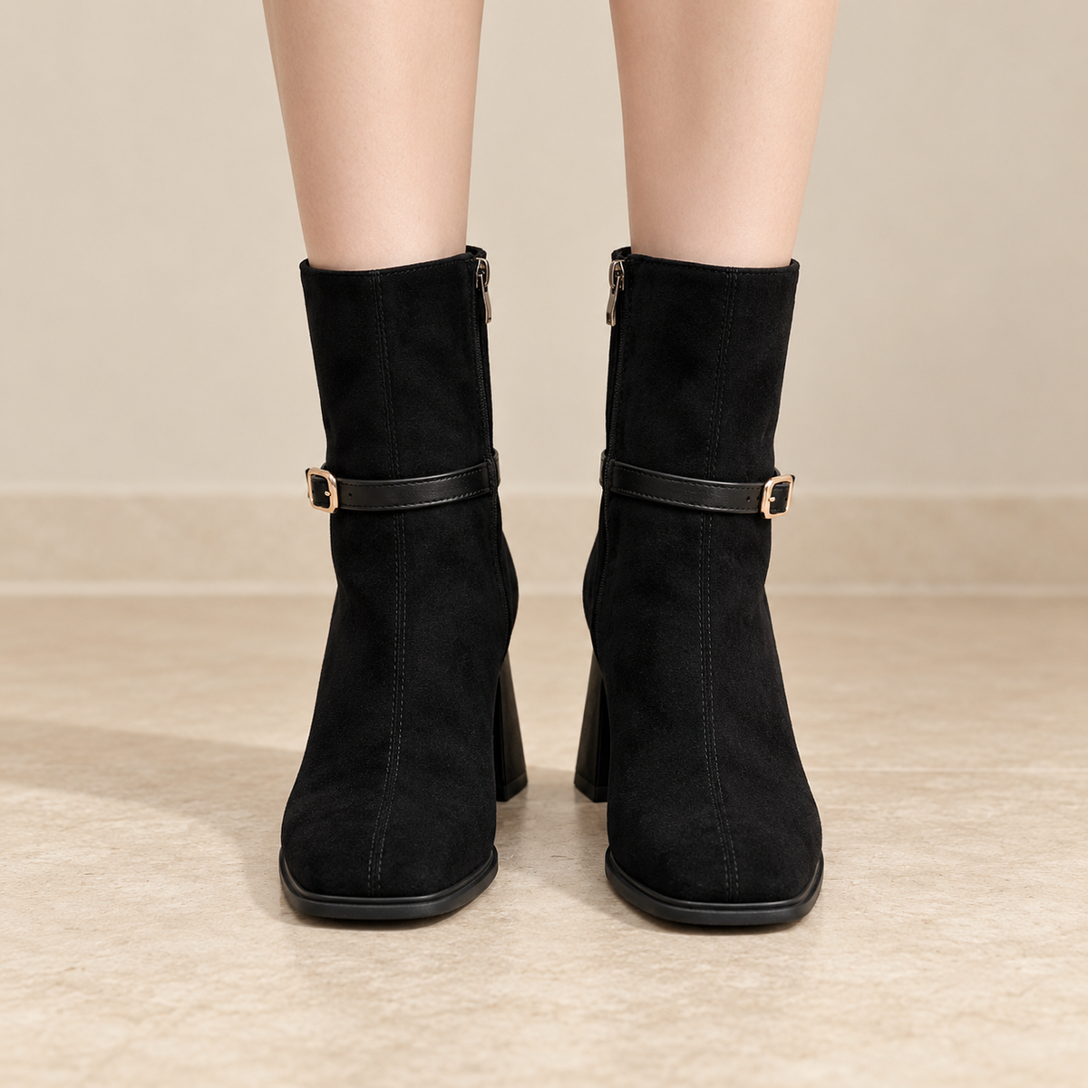 Botines Mujer de Ante Sintético con Hebilla y Tacón