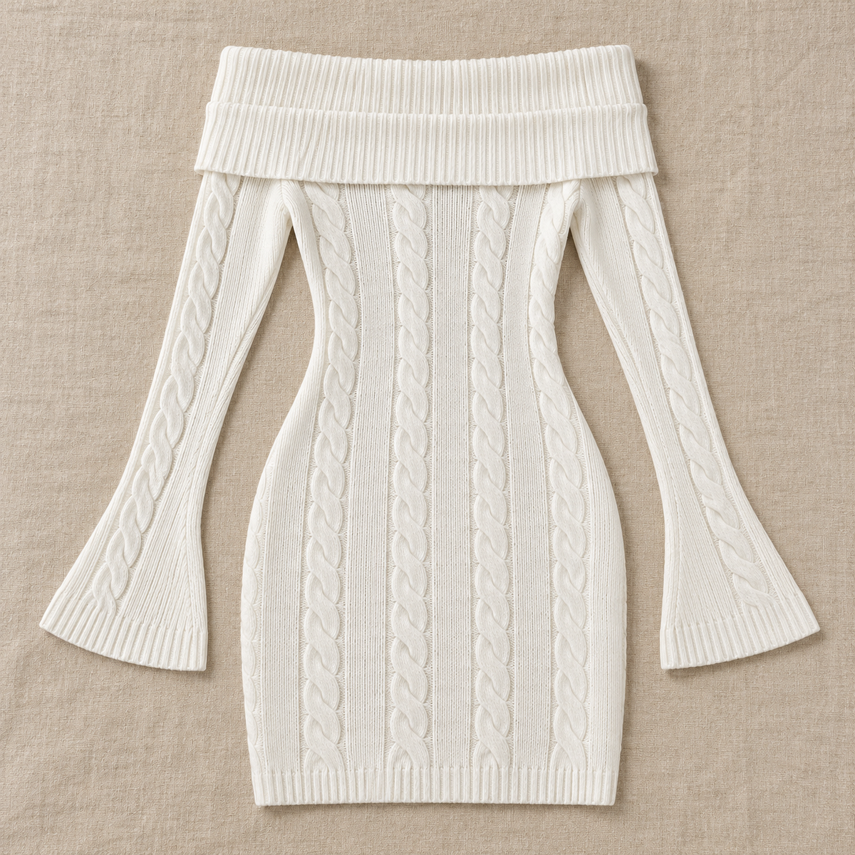 Women's White Cable Knit Off-the-Shoulder Mini Sweater Dress