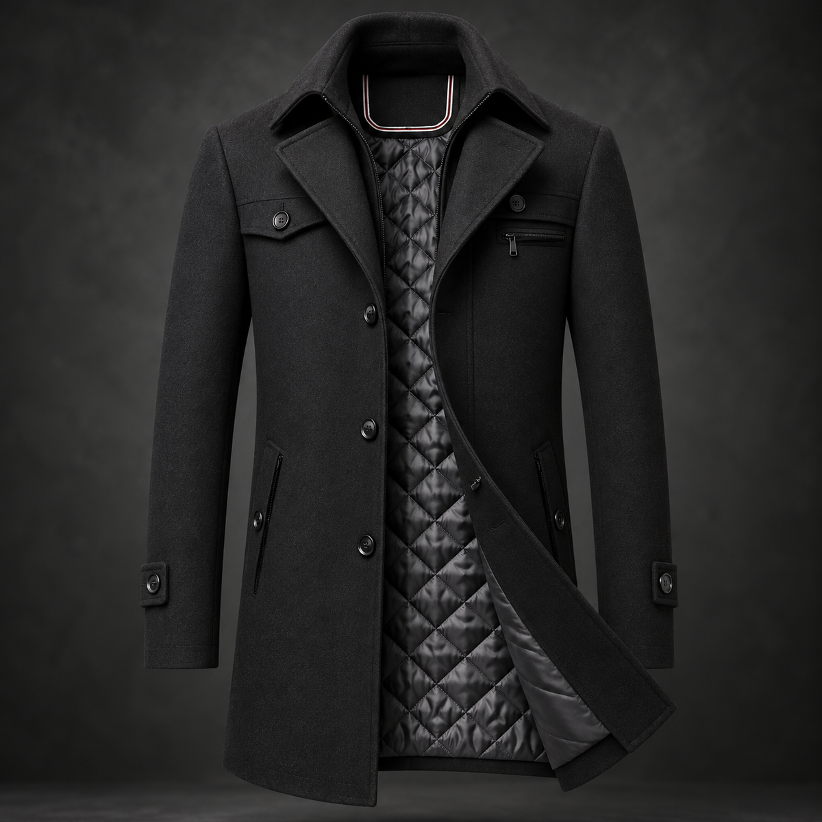 Men's Wool Coat with Quilted Lining - Warm Winter Overcoat