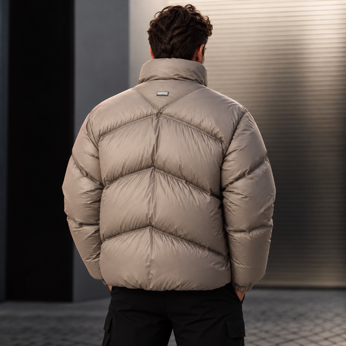 Men's High Neck Zip-Up Puffer Jacket - Quilted Stand Collar