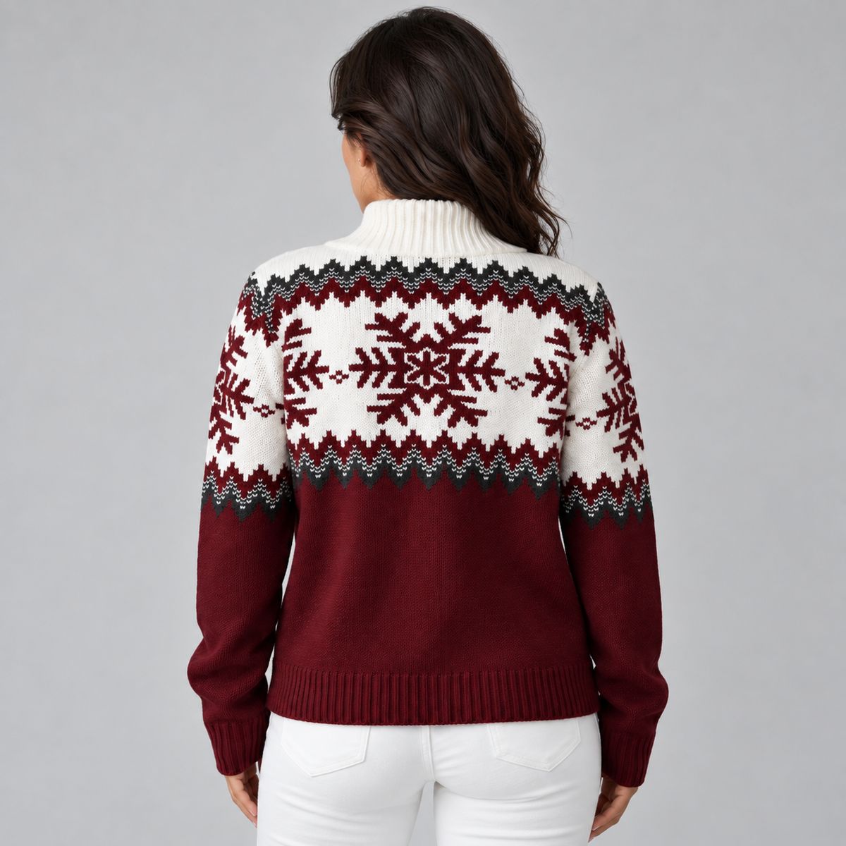 Jersey Fair Isle Mujer Media Cremallera Cuello Embudo Copos de Nieve