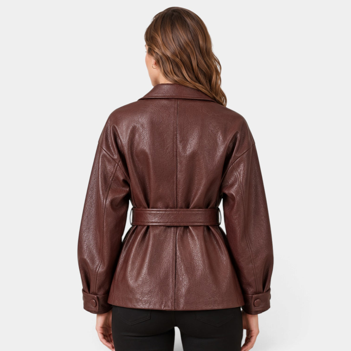 Faux Leather Jacket with Belt and Wide Collar