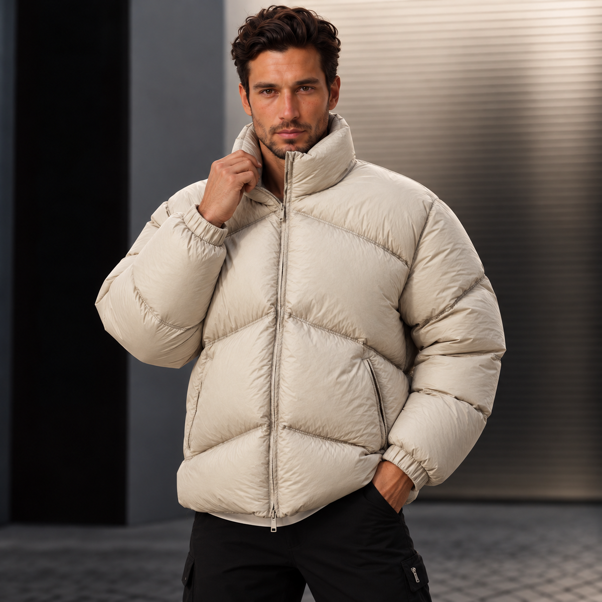 Men's High Neck Zip-Up Puffer Jacket - Quilted Stand Collar