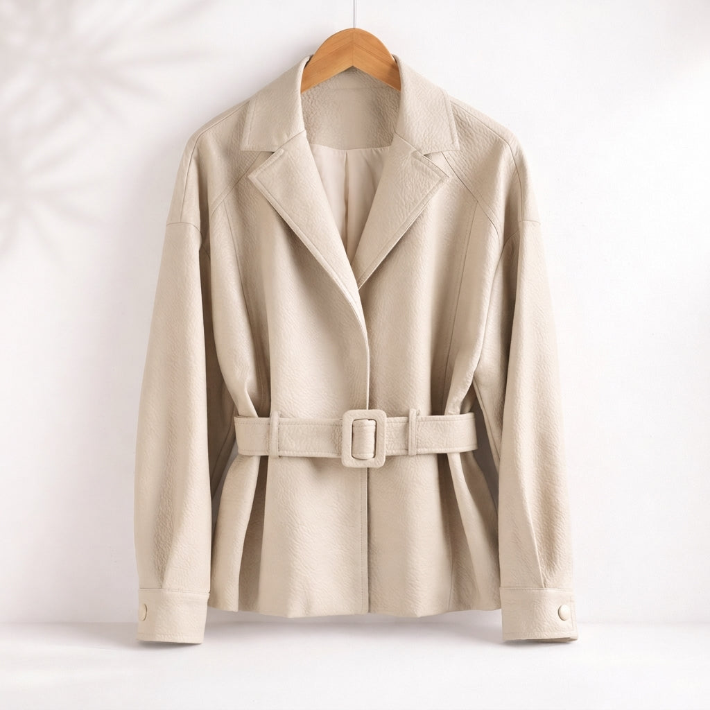 Faux Leather Jacket with Belt and Wide Collar