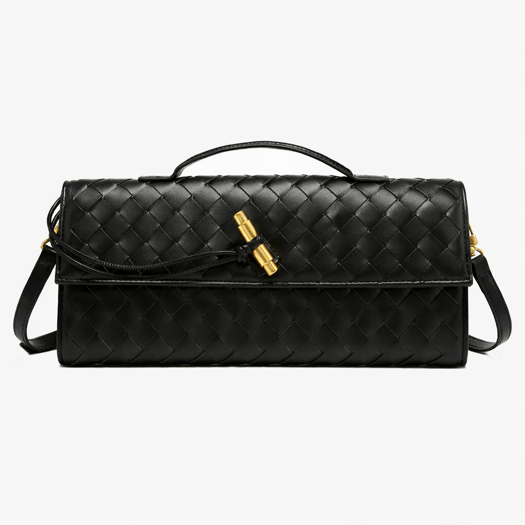 Women's Woven Vegan Leather Clutch - Evening Handbag, Gold Clasp