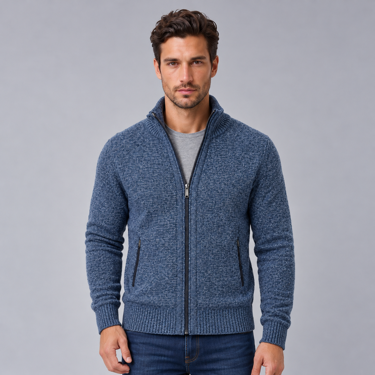 Men's Merino Wool Full-Zip Cardigan Sweater - Mock Neck