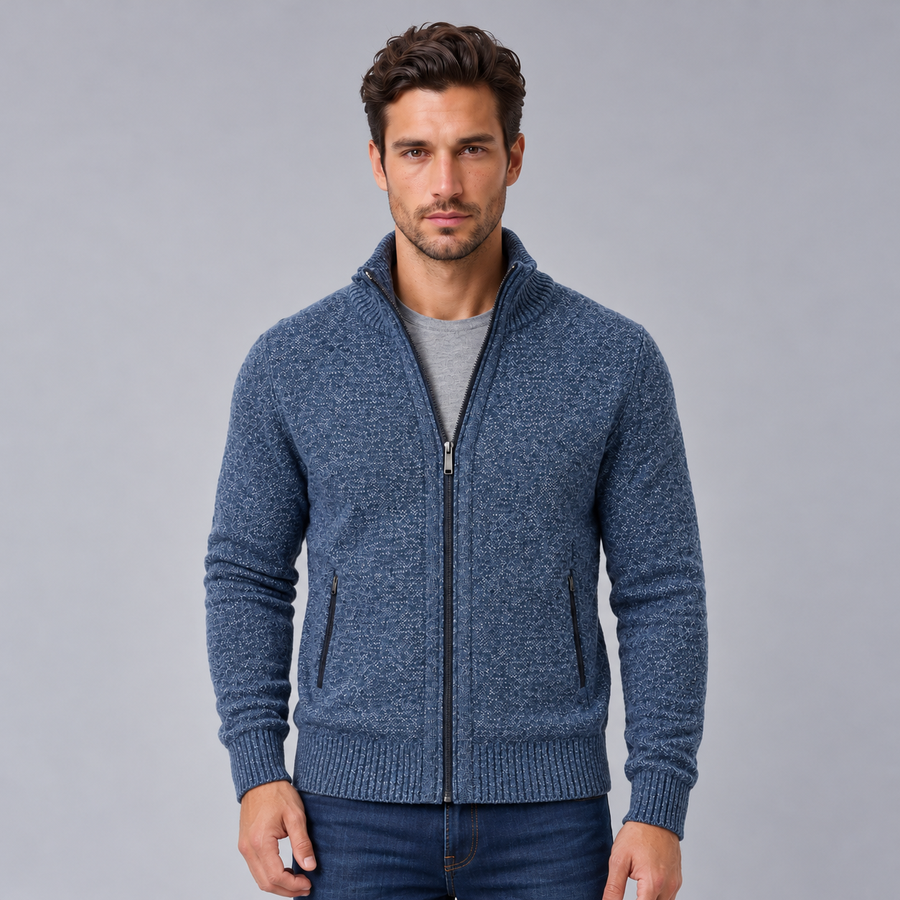 Men's Merino Wool Full-Zip Cardigan Sweater - Mock Neck
