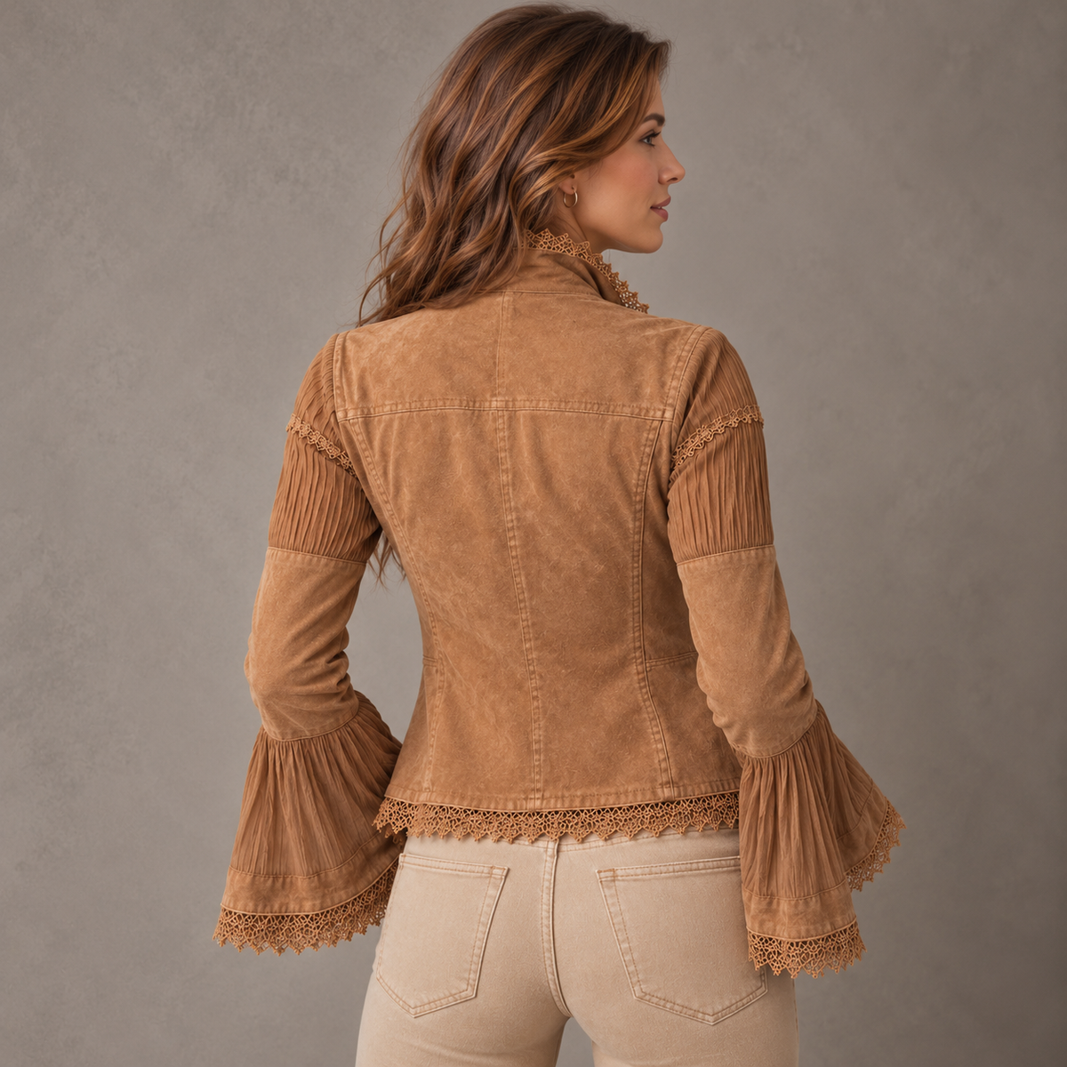 Women's Khaki Boho Vintage Jacket - Lace Trim, Bell Sleeves