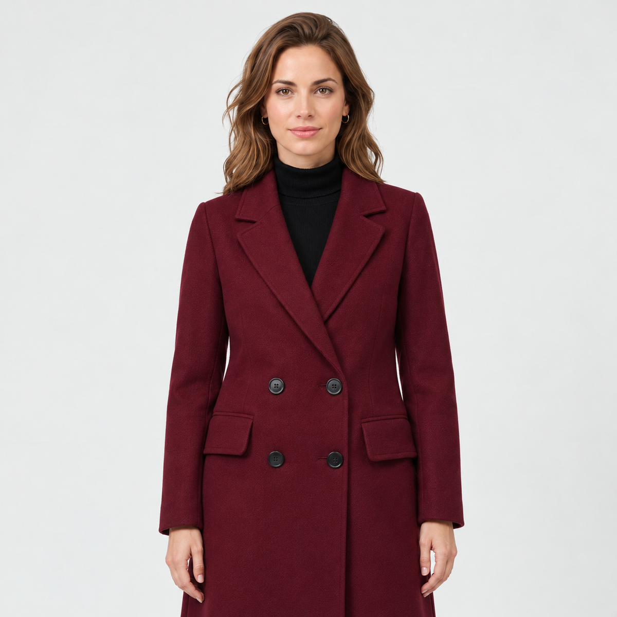 Women's Burgundy Long Double-Breasted Coat - Notch Lapel