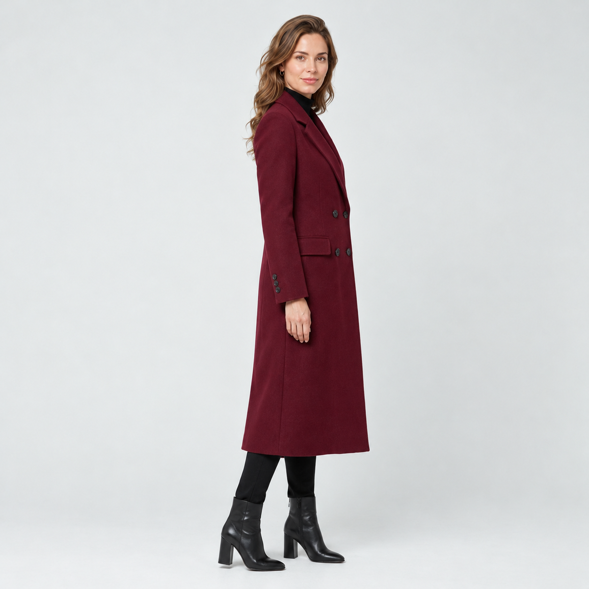 Women's Burgundy Long Double-Breasted Coat - Notch Lapel