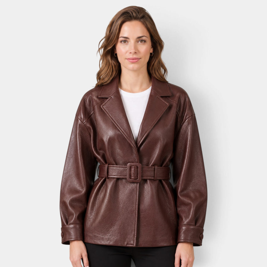 Faux Leather Jacket with Belt and Wide Collar
