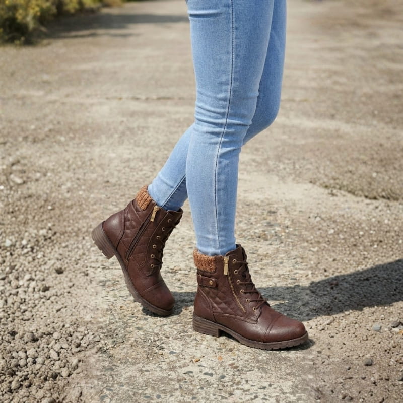 Women's Leather Ankle Boots - Block Heel, Side Zip