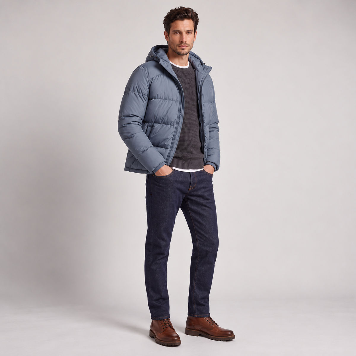 Chaqueta Acolchada con Capucha para Hombre, Cierre de Cremallera
