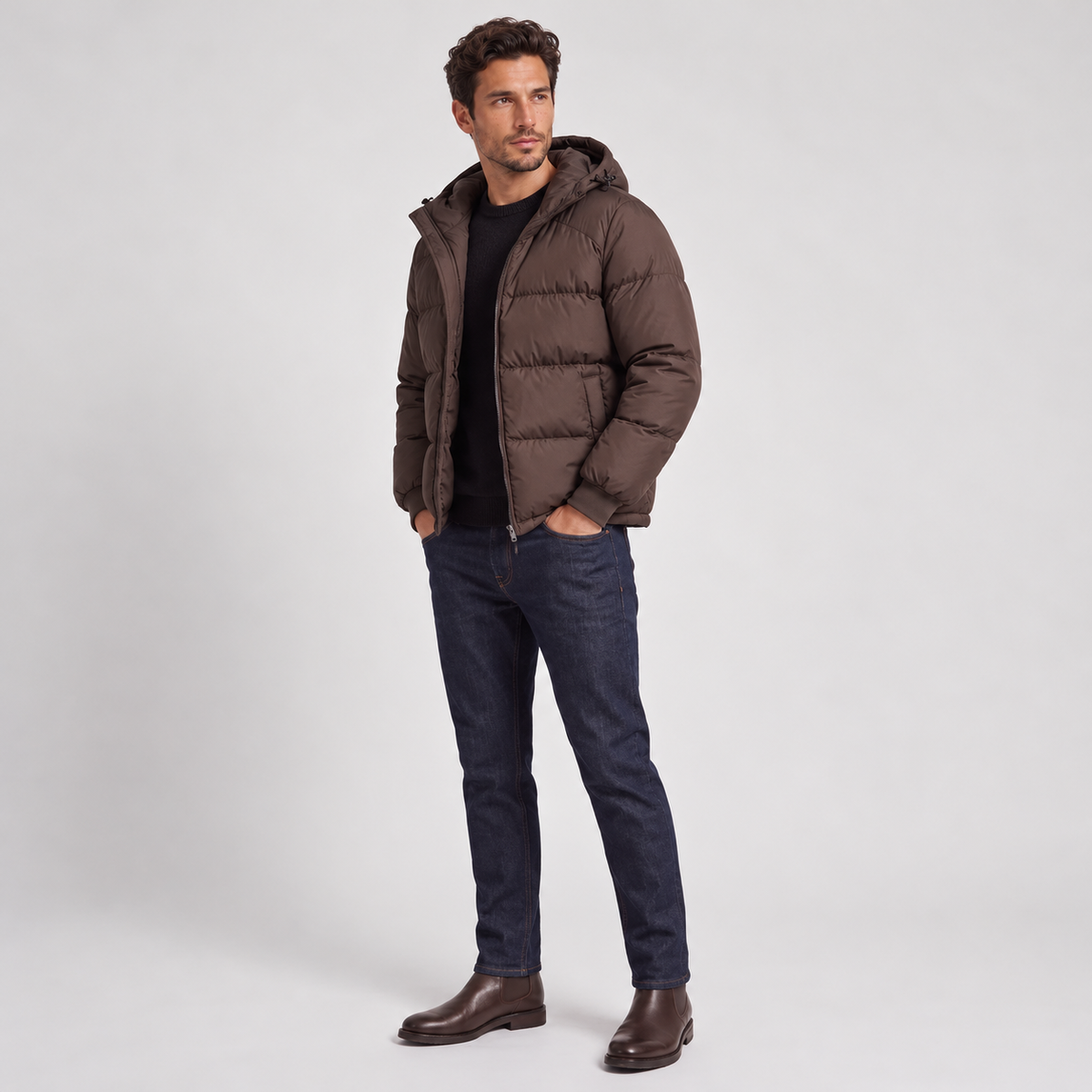 Chaqueta Acolchada con Capucha para Hombre, Cierre de Cremallera