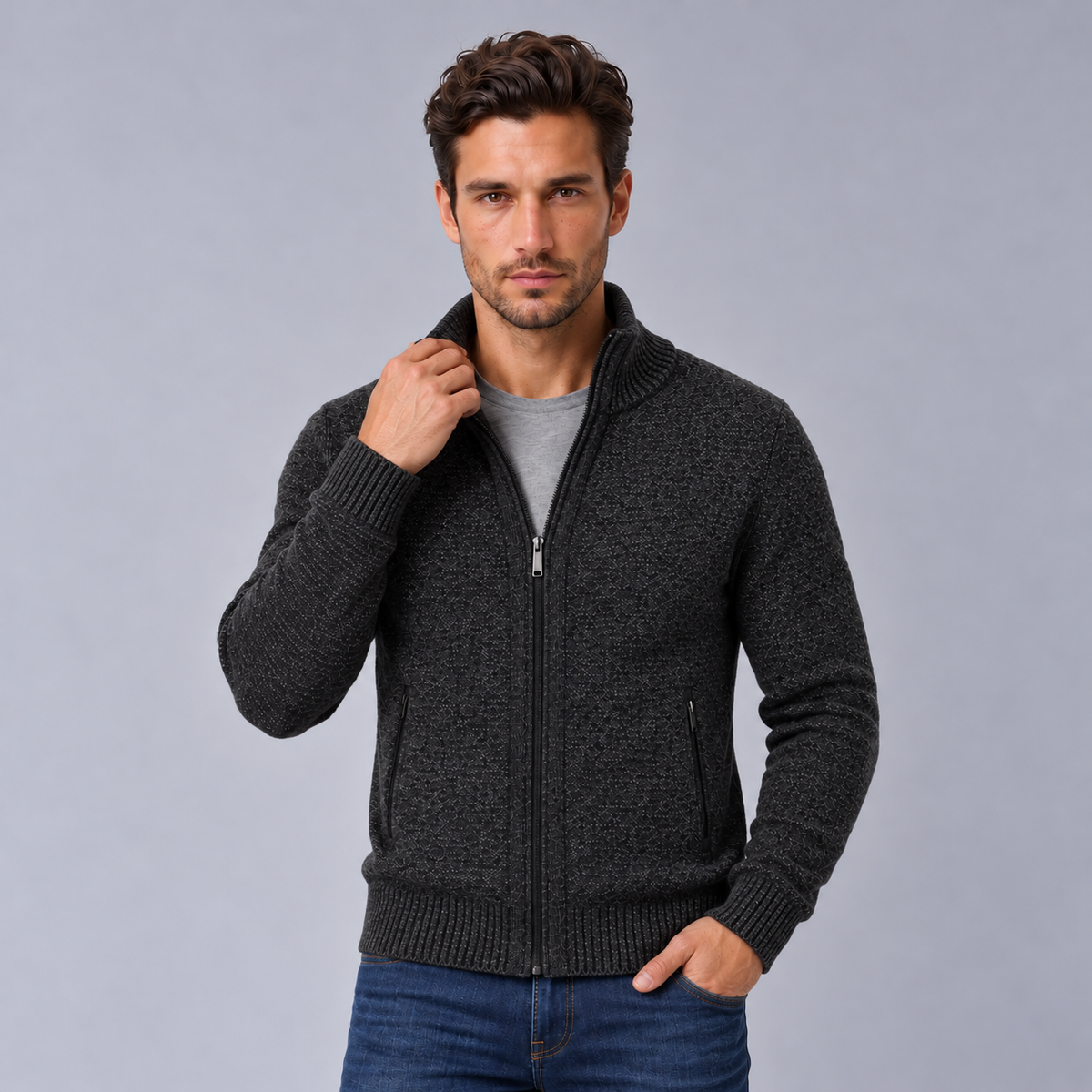 Men's Merino Wool Full-Zip Cardigan Sweater - Mock Neck