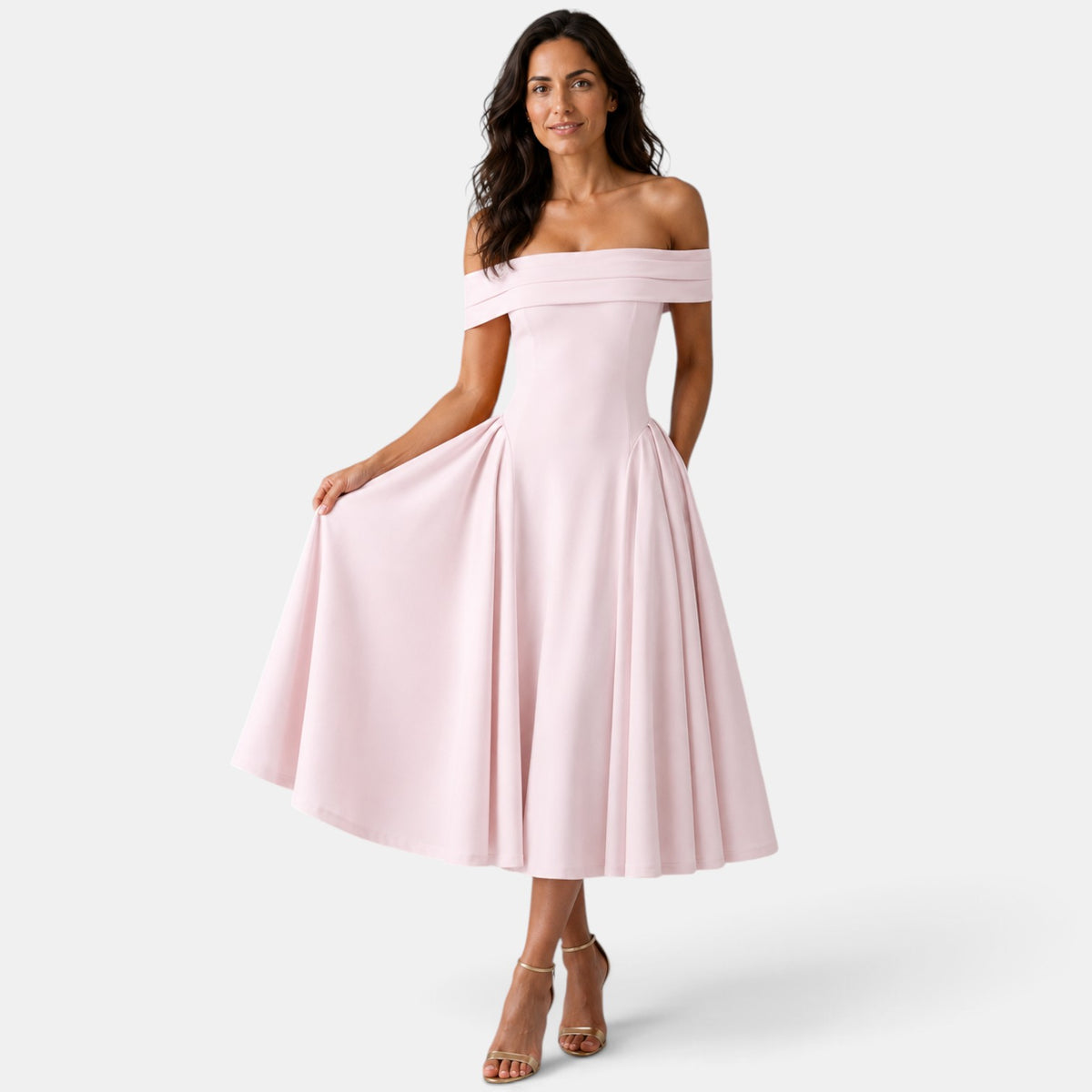 Women's Off-the-Shoulder A-Line Midi Dress - Flared Skirt