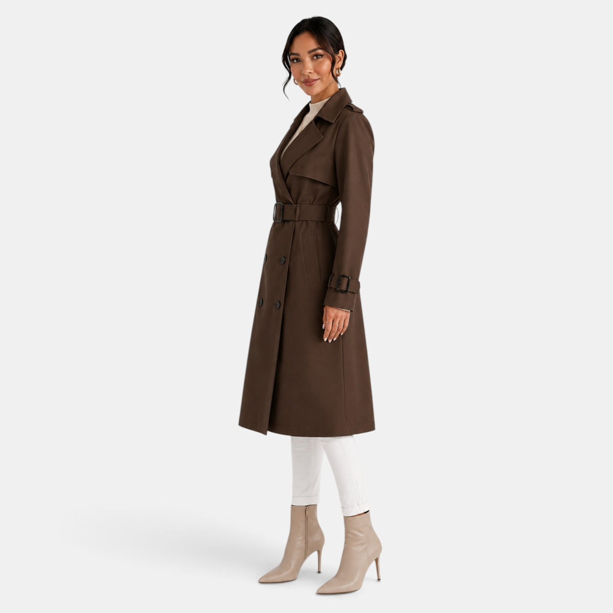 Women's Long Double-Breasted Trench Coat - Belted Waist, Classic Lapels