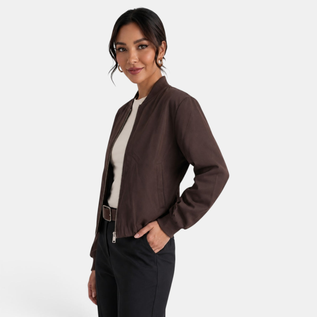 Women's Brown Short Transitional Jacket - Long Sleeve, Front Pockets