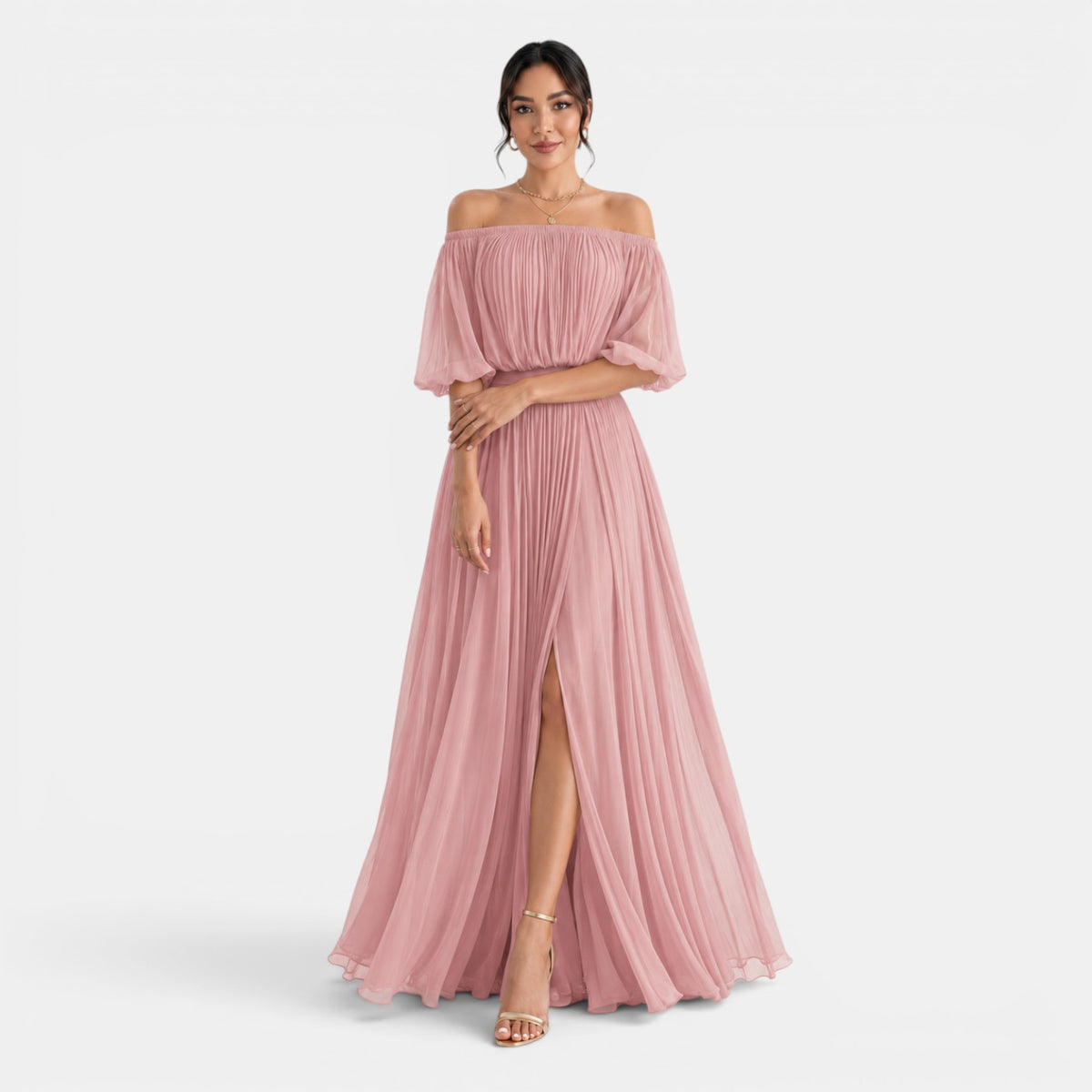 Women's Off-the-Shoulder Pleated Chiffon Maxi Dress