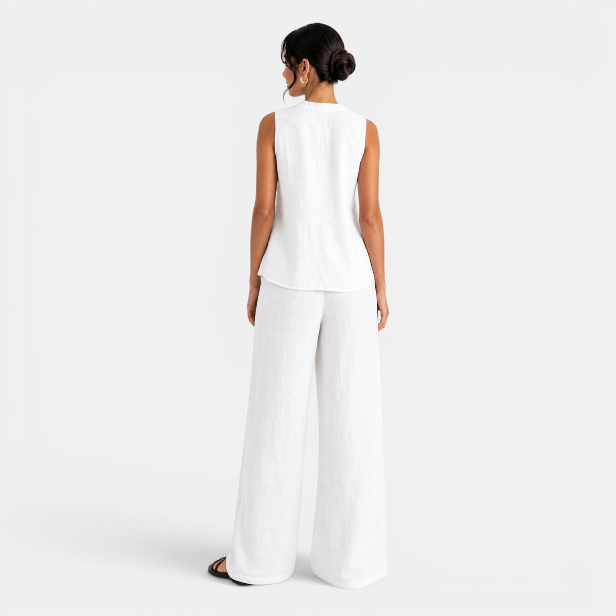 Women's Linen 2-Piece Set - Sleeveless Vest and Wide-Leg Pants