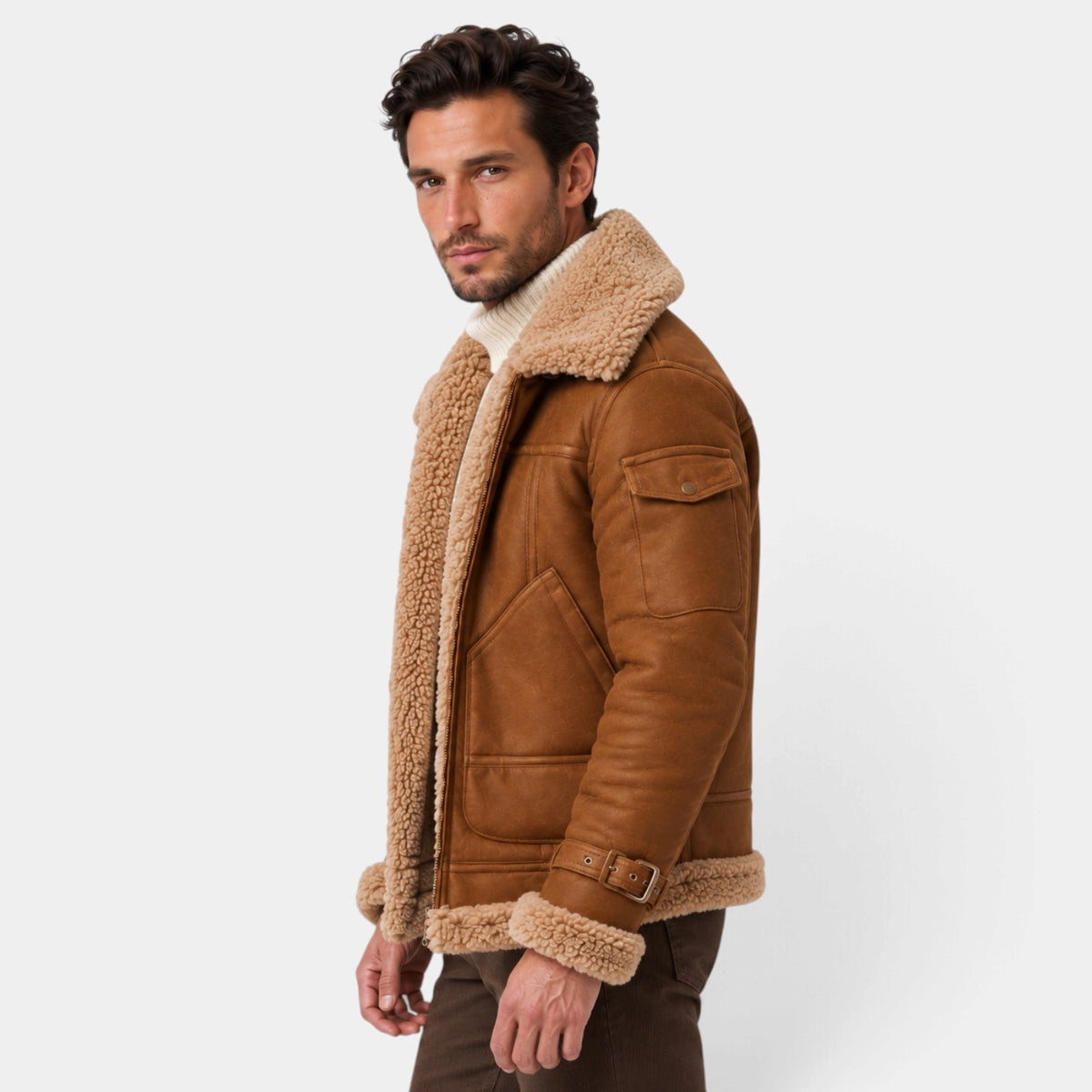 Chaqueta Aviador Hombre Efecto Piel con Cuello de Borrego Sintético