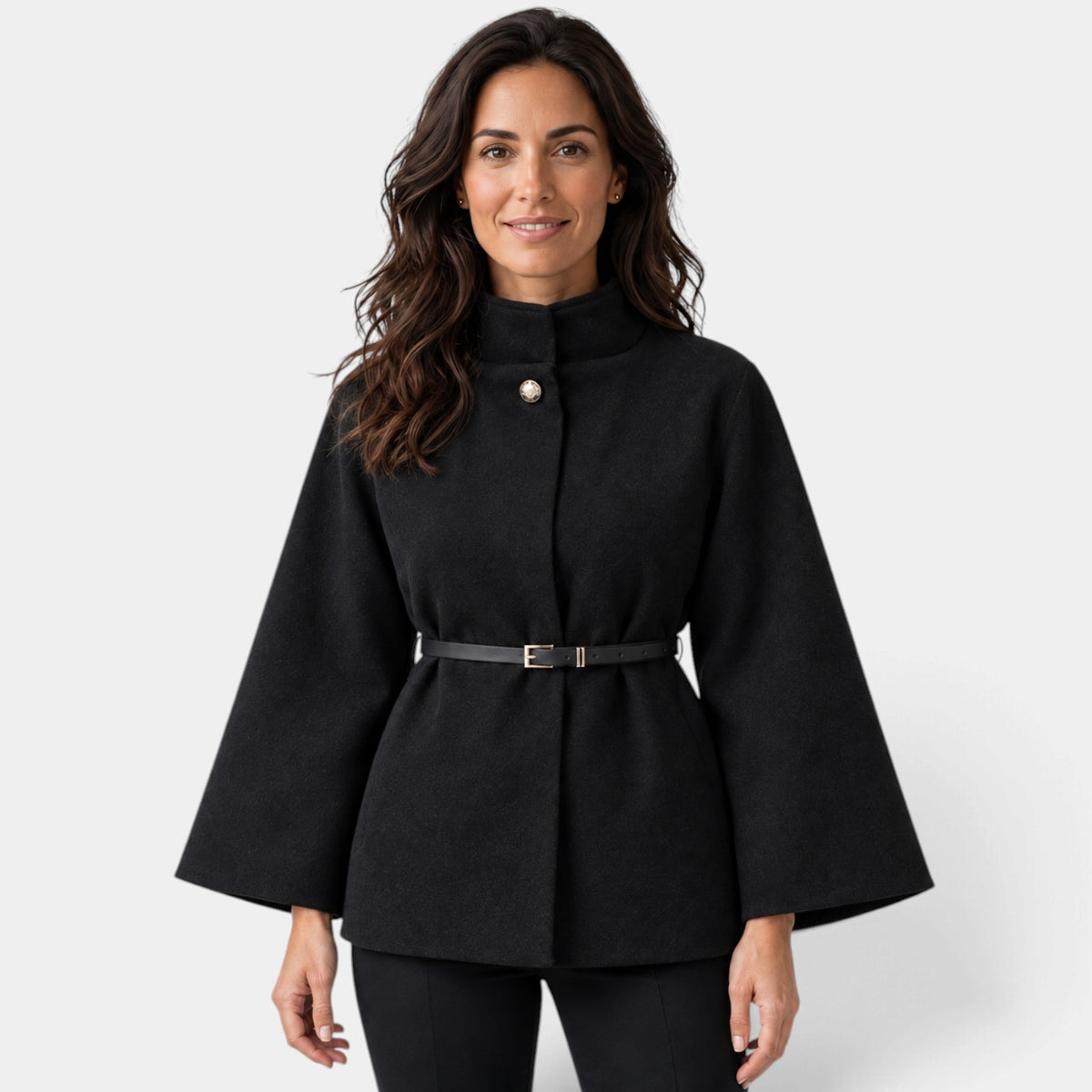 Chaqueta Mujer Capa con Cinturón y Cuello Alto