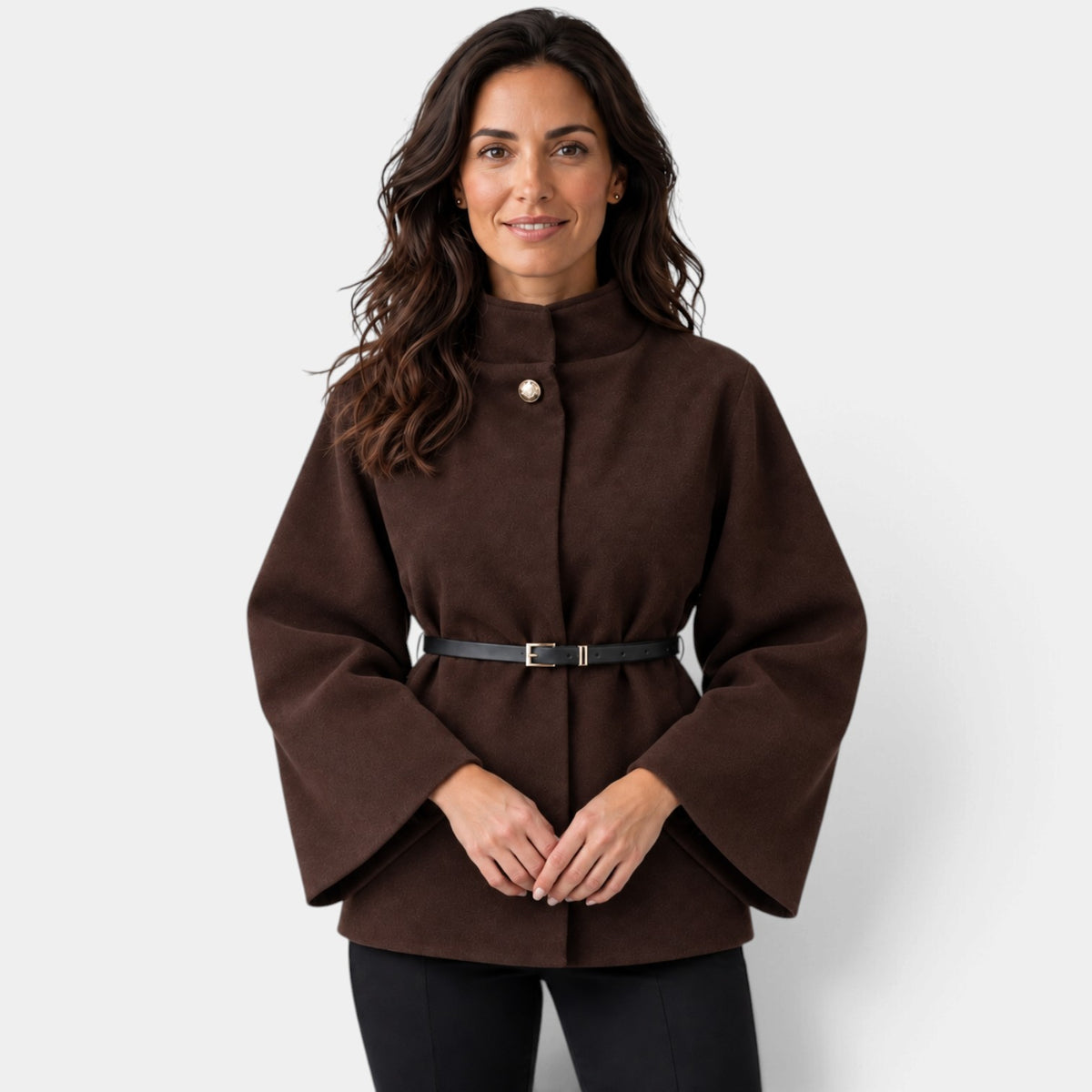 Chaqueta Mujer Capa con Cinturón y Cuello Alto