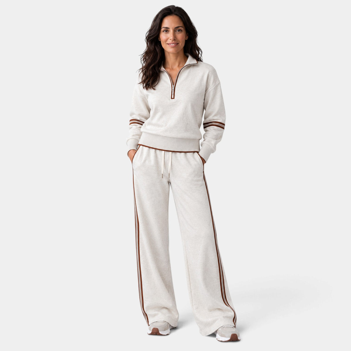 Women's Half-Zip Cropped Loungewear Set with Wide-Leg Pants