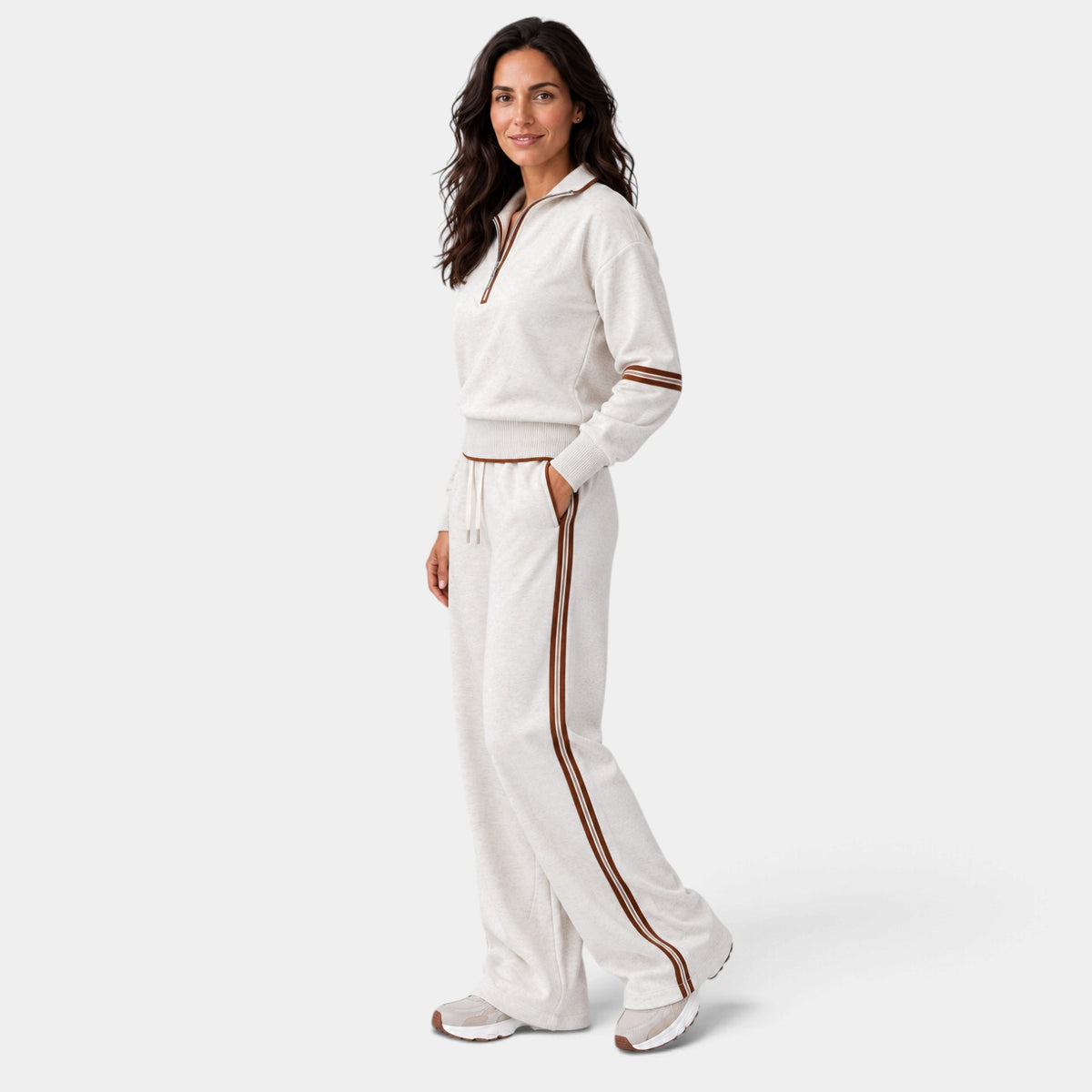 Women's Half-Zip Cropped Loungewear Set with Wide-Leg Pants