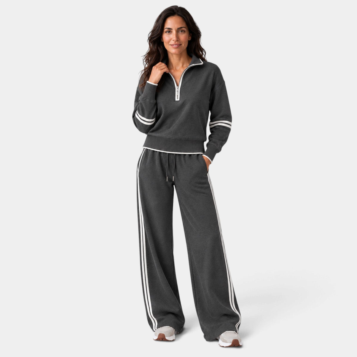 Women's Half-Zip Cropped Loungewear Set with Wide-Leg Pants