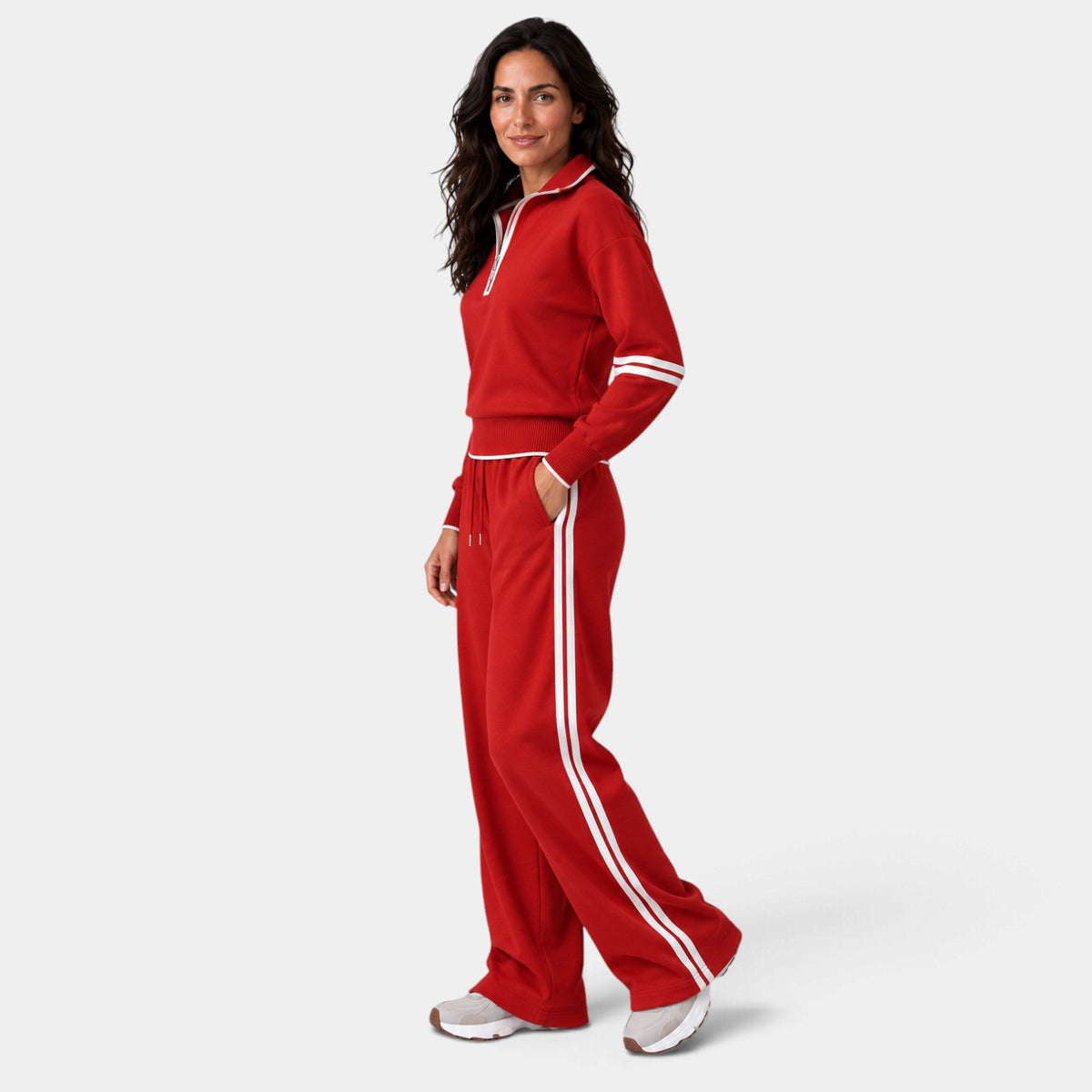 Women's Half-Zip Cropped Loungewear Set with Wide-Leg Pants
