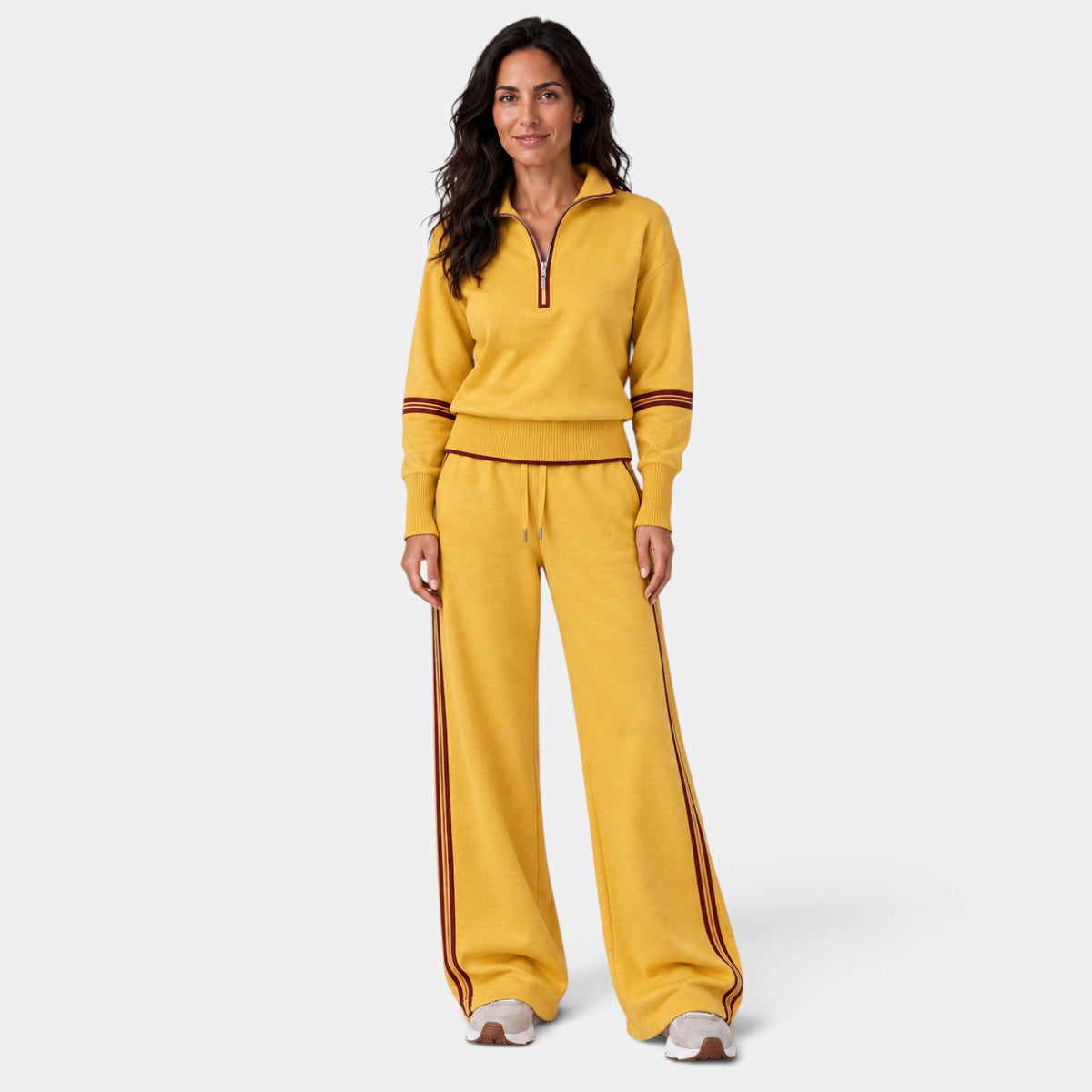 Women's Half-Zip Cropped Loungewear Set with Wide-Leg Pants