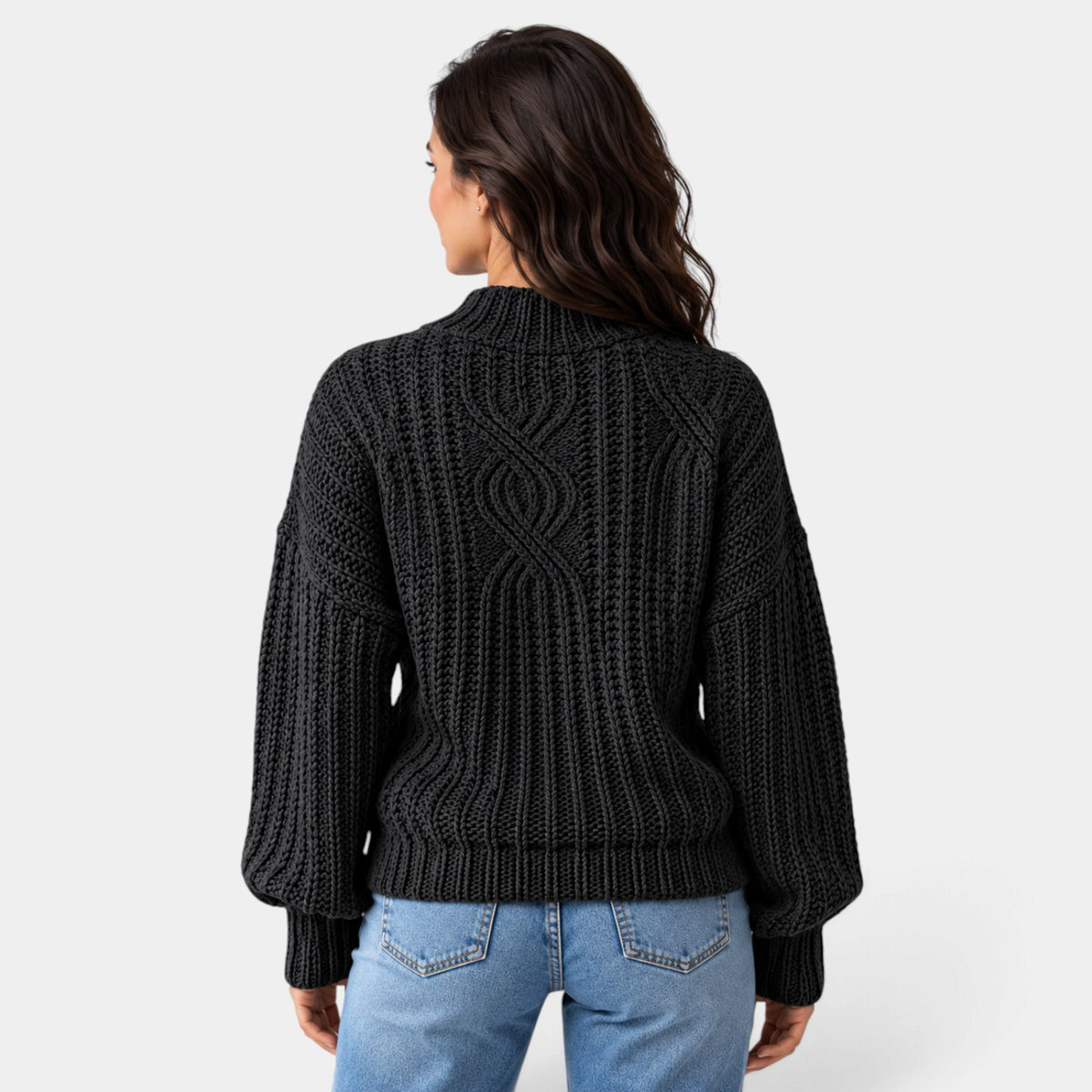 Women's Oversized Cable-Knit Turtleneck Sweater with Balloon Sleeves