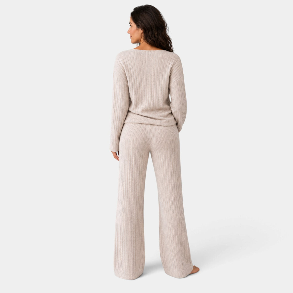 Women's Ribbed Knit Set with V-Neck Sweater and Wide-Leg Trousers