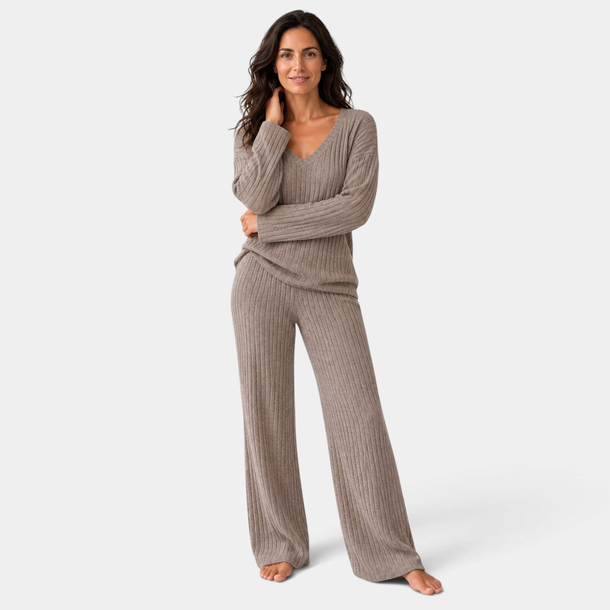 Women's Ribbed Knit Set with V-Neck Sweater and Wide-Leg Trousers