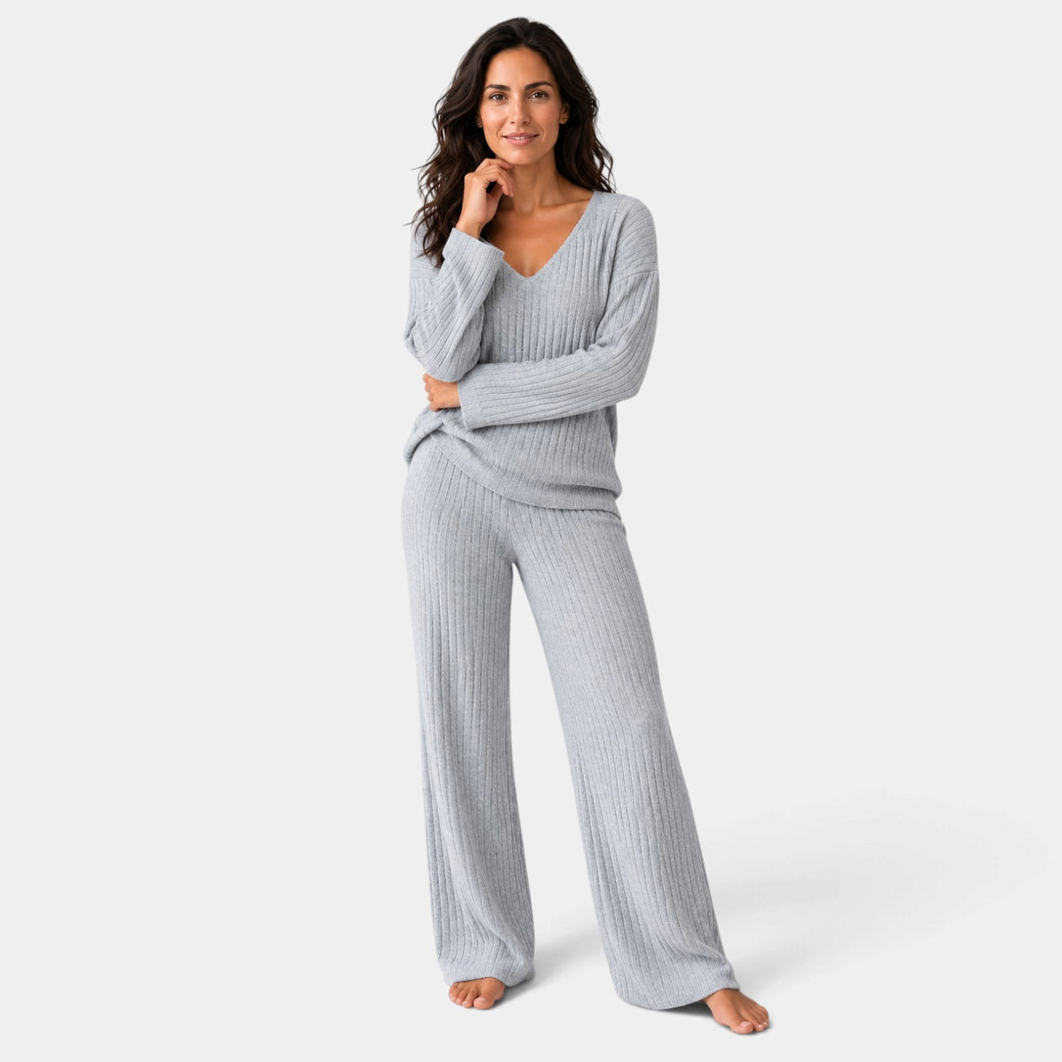 Women's Ribbed Knit Set with V-Neck Sweater and Wide-Leg Trousers