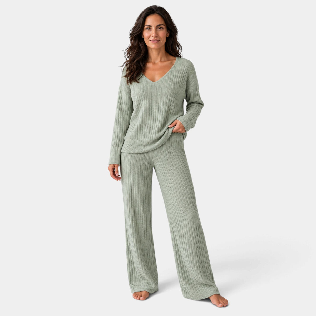 Women's Ribbed Knit Set with V-Neck Sweater and Wide-Leg Trousers