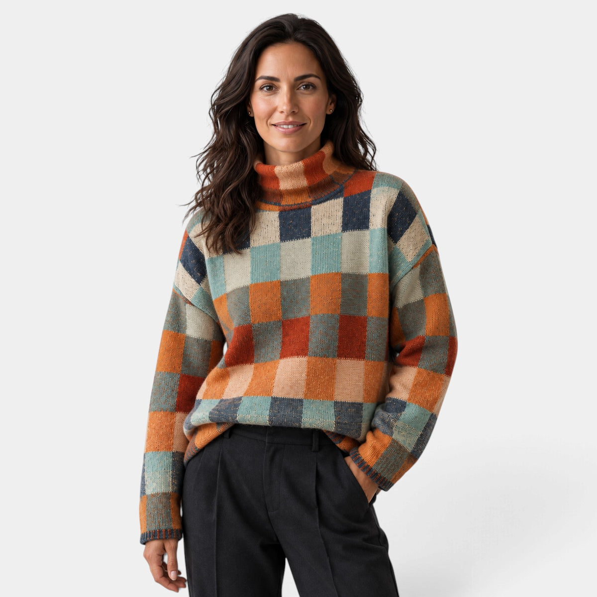 Jersey Mujer Oversize de Cuadros con Cuello Alto