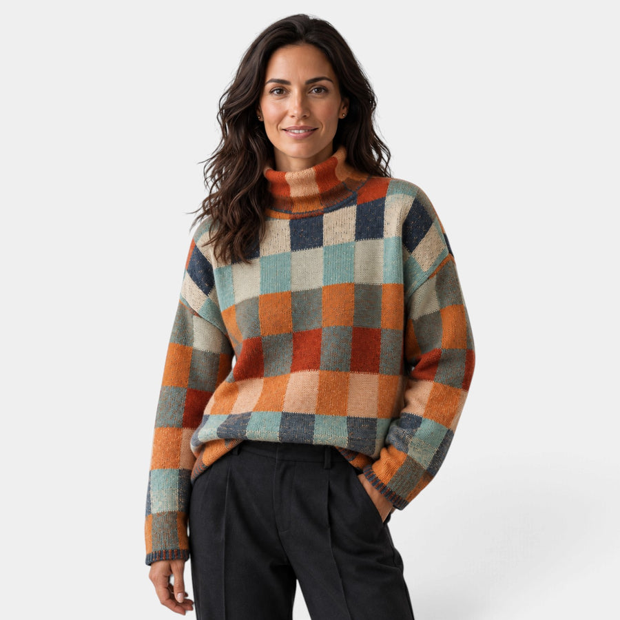 Jersey Mujer Oversize de Cuadros con Cuello Alto