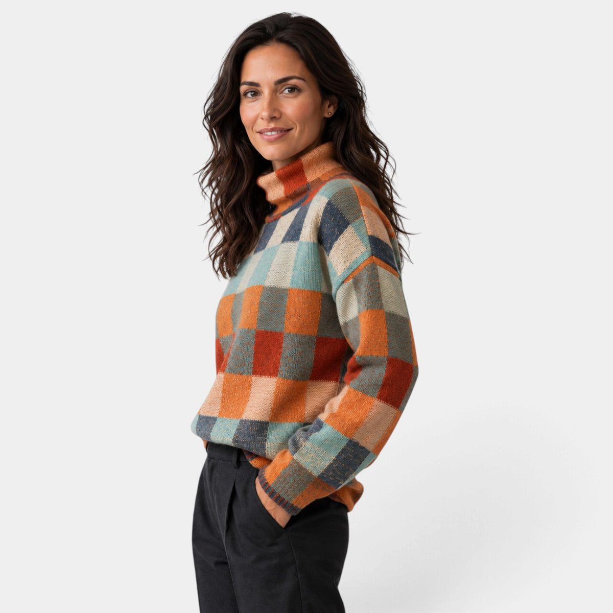 Jersey Mujer Oversize de Cuadros con Cuello Alto