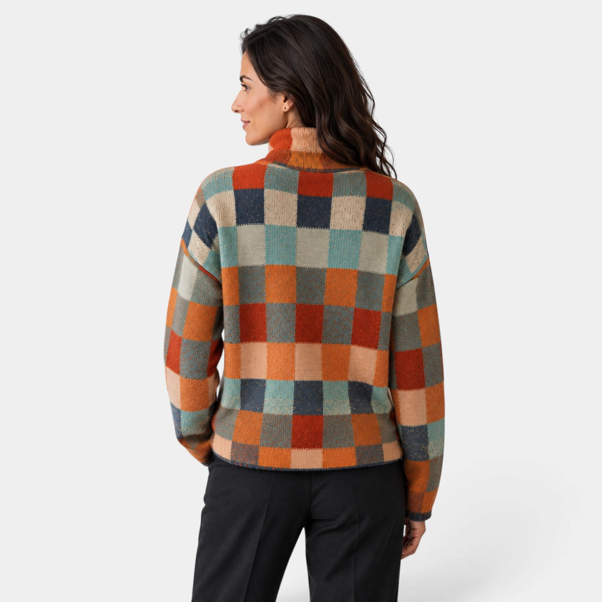Jersey Mujer Oversize de Cuadros con Cuello Alto